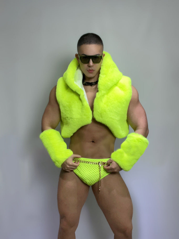Men's Fluorescent Green Faux Fur Vest Set