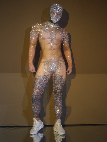 Skintight Bejeweled Bodysuit Rhinestones Singer Stage Dress