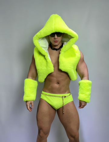Men's Fluorescent Green Faux Fur Vest Set